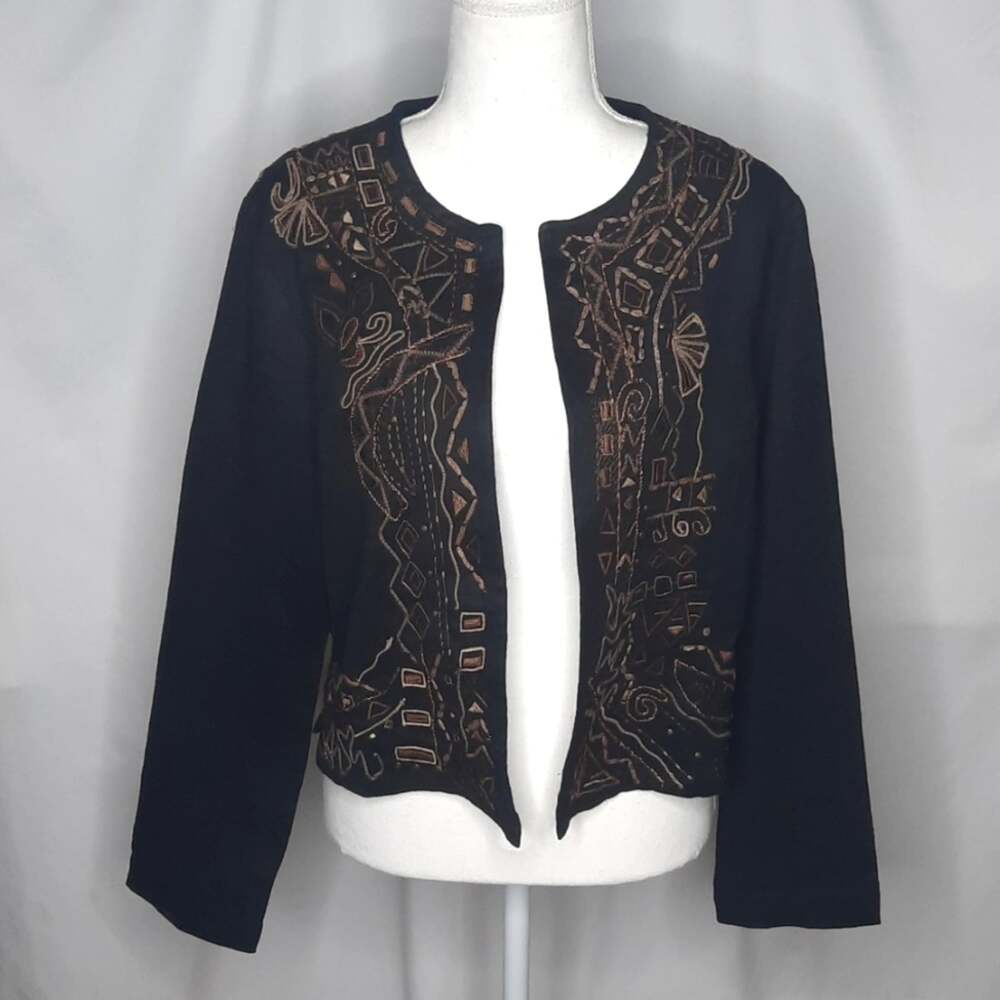 Chico's Women's Embroidered Open Front Cropped Jacket Black XS